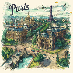 Artistic hand-drawn sketchnote style travel map of Paris, vector, wallpaper - obrazy, fototapety, plakaty