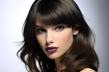 A woman with long brown hair and a purple lipstick