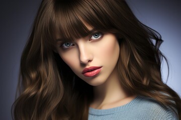 Fototapeta premium A woman with long brown hair is smiling and looking at the camera