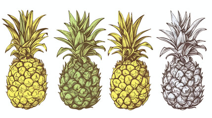 Set of Four hand drawn pineapples of different texture