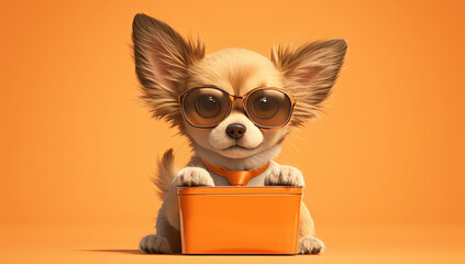 small dog dressed in colorful , wearing sunglasses and tie
