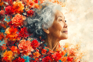 senior woman surrounded by flowers