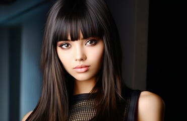 Fototapeta premium A woman with long black hair and brown eyes is standing in front of a wall