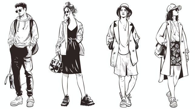 Set of Four hand drawn stylish young people at street