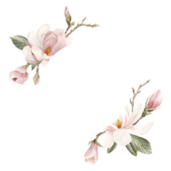 Light pink magnolia flowers, buds, sprigs and leaves. Floral watercolor illustration hand painted isolated on white