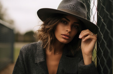 Stylish woman with a grey hat leaning on a fence, with a thoughtful expression.