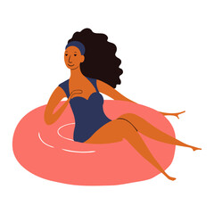 Young woman in swimsuit, riding pool float cute cartoon character illustration. Hand drawn flat style design, isolated vector. Summer holidays, vacations, outdoors, beach activity, pool party element