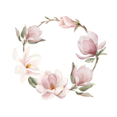 Naklejka premium Wreath of light pink magnolia flowers, buds, sprigs and leaves. Floral watercolor illustration hand painted isolated