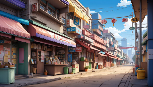 Anime Background and Wallpaper. Vibrant anime street in India showcasing shops and buildings
