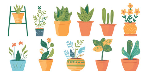 Set of cute potted plants on a white background.
