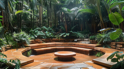 Raised octagonal sandstone courtyard with sandstone seating in a jungle. Generative AI. - obrazy, fototapety, plakaty
