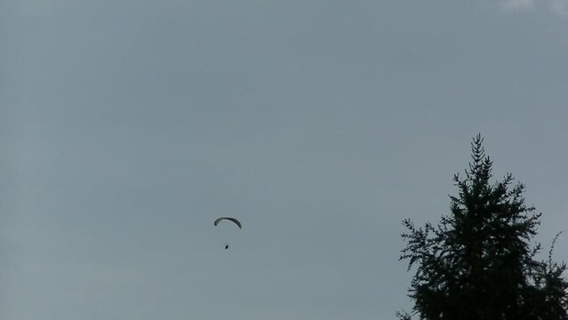 Powered paragliding, Paramotoring, PPG during evening flight against background of sky above trees - real time. Topics: sport, hobby, freedom, relaxation, air