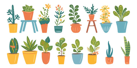 Set of cute potted plants on a white background.