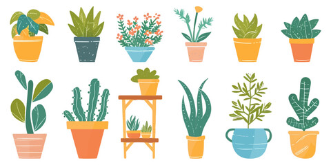 Set of cute potted plants on a white background.