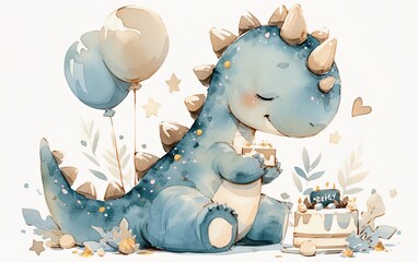 watercolor cute and adorable baby blue dinosaur with birthday balloons and cake