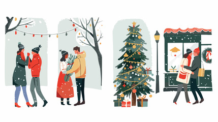 Set of Four postcards with people celebrating winter