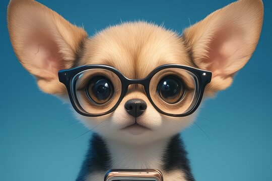 white and brown chihuahua with black glasses holding a Phone, excited face, solid blue background