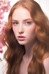 Fototapeta premium A woman with long brown hair is surrounded by pink flowers