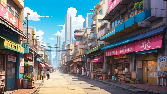 Anime Background and Wallpaper. Quiet Corners: A Vivid Tapestry of India's Diverse Shopfronts and Street Vendors mixed with Modern Buildings