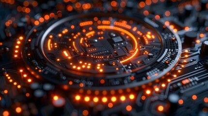 electronic circuit board with a CPU in the center, a brain hologram above the CPU, and futuristic glowing patterns as components surrounding it. Generative ai	