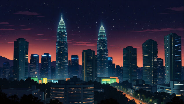 Anime Background and Wallpaper. Twilight Over Kuala Lumpur: A Cityscape Alive with Luminous Skyscrapers and Cultural Harmony