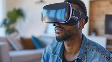 close-up male face wearing vr virtual reality headset and experiencing technology immersive content created with Generative AI Technology - obrazy, fototapety, plakaty