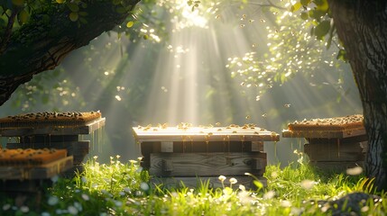 wooden podium on grass, surrounded by large beehives on branches. The wooden podium has fresh honey dripping down onto the wooden floor. The atmosphere is early morning. Generative ai