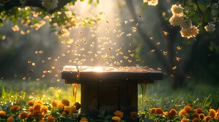 wooden podium on grass, surrounded by large beehives on branches. The wooden podium has fresh honey dripping down onto the wooden floor. The atmosphere is early morning. Generative ai