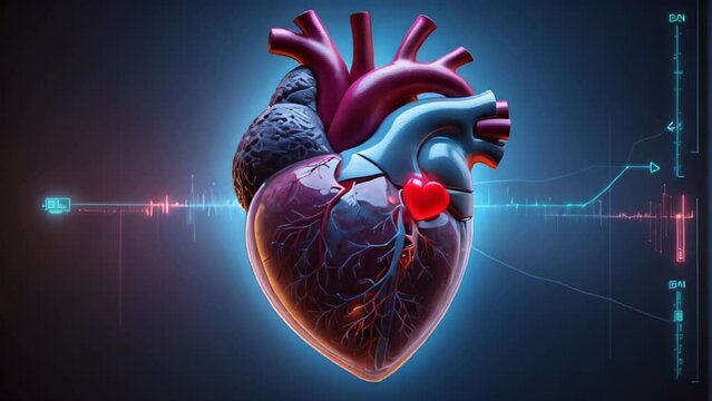 model of human heart on digital background.