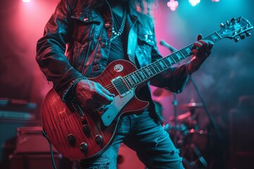 A detailed shot of a musician's hands gripping a red electric guitar, performing with intensity