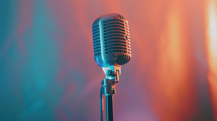 single microphone on arm standing on soft pink purple  gradient background created with Generative AI Technology - obrazy, fototapety, plakaty
