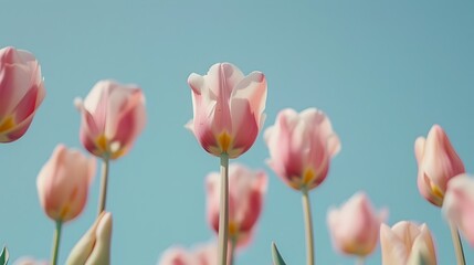 Obraz na płótnie Canvas Minimalist Tulip Field Showcasing Natural Beauty Under Clear Blue Sky