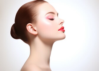 A woman with red lips and a bun hairstyle