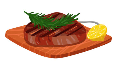 Wooden cutting board with roast meat steak. Barbecue meat with rosemary, lemon. Vector illustration. Finished dish. Ideal for demonstrating recipes, cooking techniques in butchers, cooking tutorials