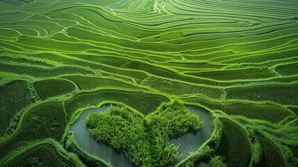 A transplant rice seedlings, Heart shaped seedling fields. Aerial high view. Generative AI.