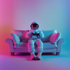 AI generated image, concept photo shot of an Astronaut playing video game on sofa, relaxing, 