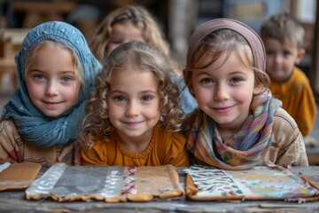 A group of children wearing traditional headscarves smile at a historical reenactment or cultural event