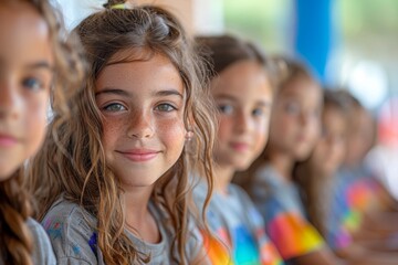 Fototapeta premium A beautiful girl with freckles smiles endearingly among her peers in a classroom setting
