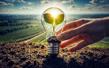 A Person Holding a Light Bulb with a Plant Inside of It in a Field with a Sun Shining Through.