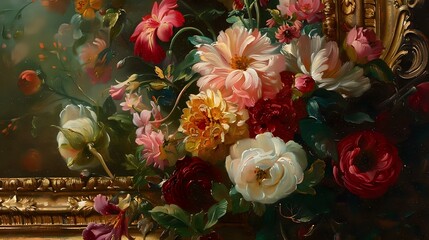 Detailed and Realistic Bouquet in Ornate Gold Frame - Oil Painting