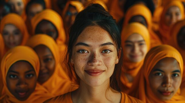 A diverse group of women wearing bright yellow headscarves
