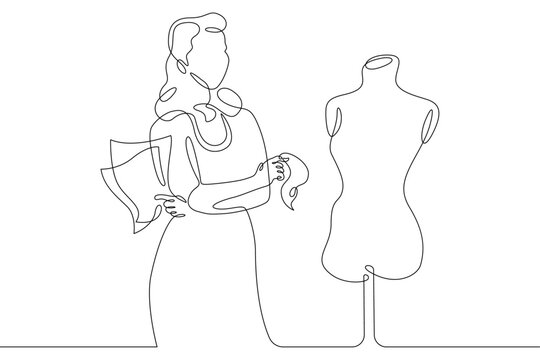 One continuous line.A fashion designer designs a dress. A seamstress works with a mannequin.Fashion designer, dressmaker, seamstress, sewing workshop or courses, tailoring concept. Continuous line dra