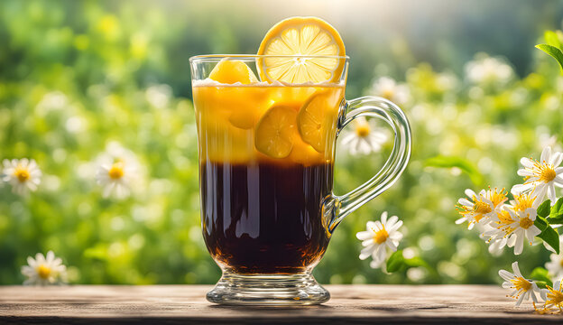 Ai generated black coffee honey lemon on a table in The atmosphere is beautiful flowers in garden background.Suitable for use as images in designs. 