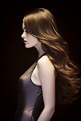 A woman with long brown hair is standing in front of a dark background