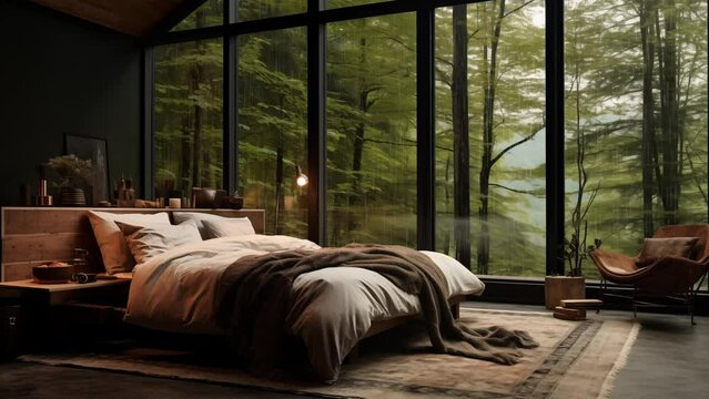Cozy cabin bedroom with big windows at forest, rainy day. 4K Seamless looping background animation