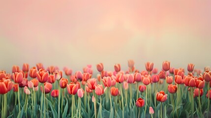 Vibrant Tulip Field Against Soft Pastel Backdrop Highlighting Minimalist Floral Beauty