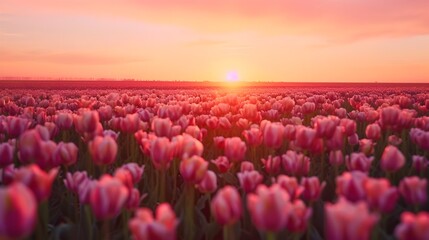 Obraz premium Vibrant Tulip Field at Serene Sunrise in Minimal Natural Landscape