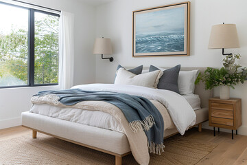 Modern interior of a bright bedroom with a horizontal poster above a double bed, a sconce, wooden bedside tables, white curtains, a large window with black frames, a beige carpet, and a wooden floor.