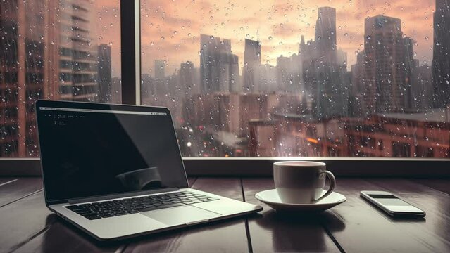 Laptop and coffee cup by the window with rainy day in afternoon. Cityscape background. 4K Seamless looping background animation