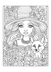 Coloring page for children and adults. Illustration for coloring. A beautiful girl with long hair and a wide-brimmed hat walks in a blooming garden with her fox.